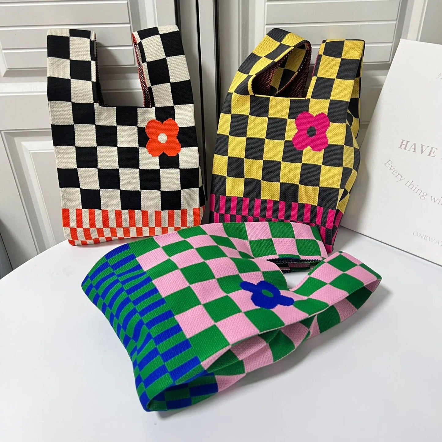 Black/Yellow Retro Bloom Checkered AustralCraft Tote Bag AustralCraft Tote Bag Great Functional Goods 