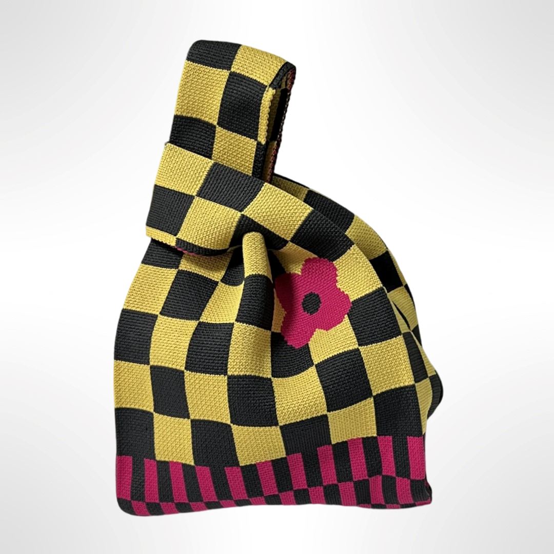 AustralCraft Quality Knit Tote Bag - Black/Yellow Retro Bloom Checkere ...