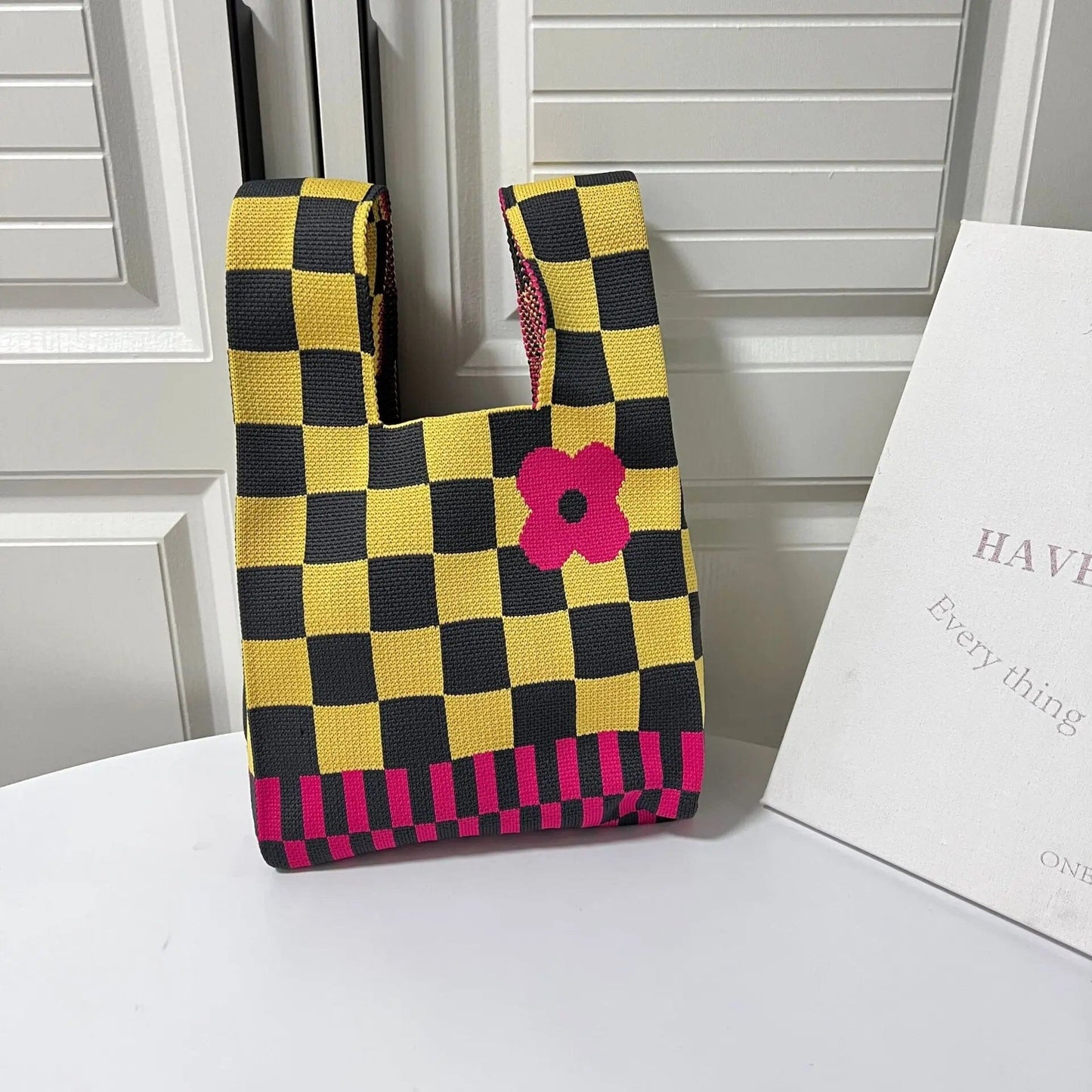 Black/Yellow Retro Bloom Checkered AustralCraft Tote Bag AustralCraft Tote Bag Great Functional Goods 