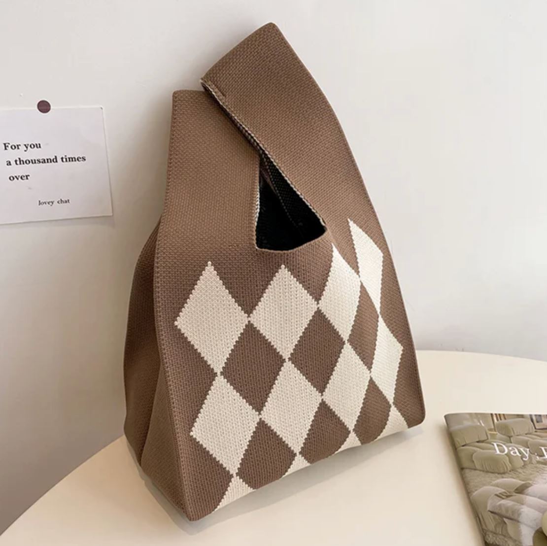 NEW: Milla Argyle Tote Bag in Brown Cream Pattern AustralCraft Tote Bag Great Functional Goods 